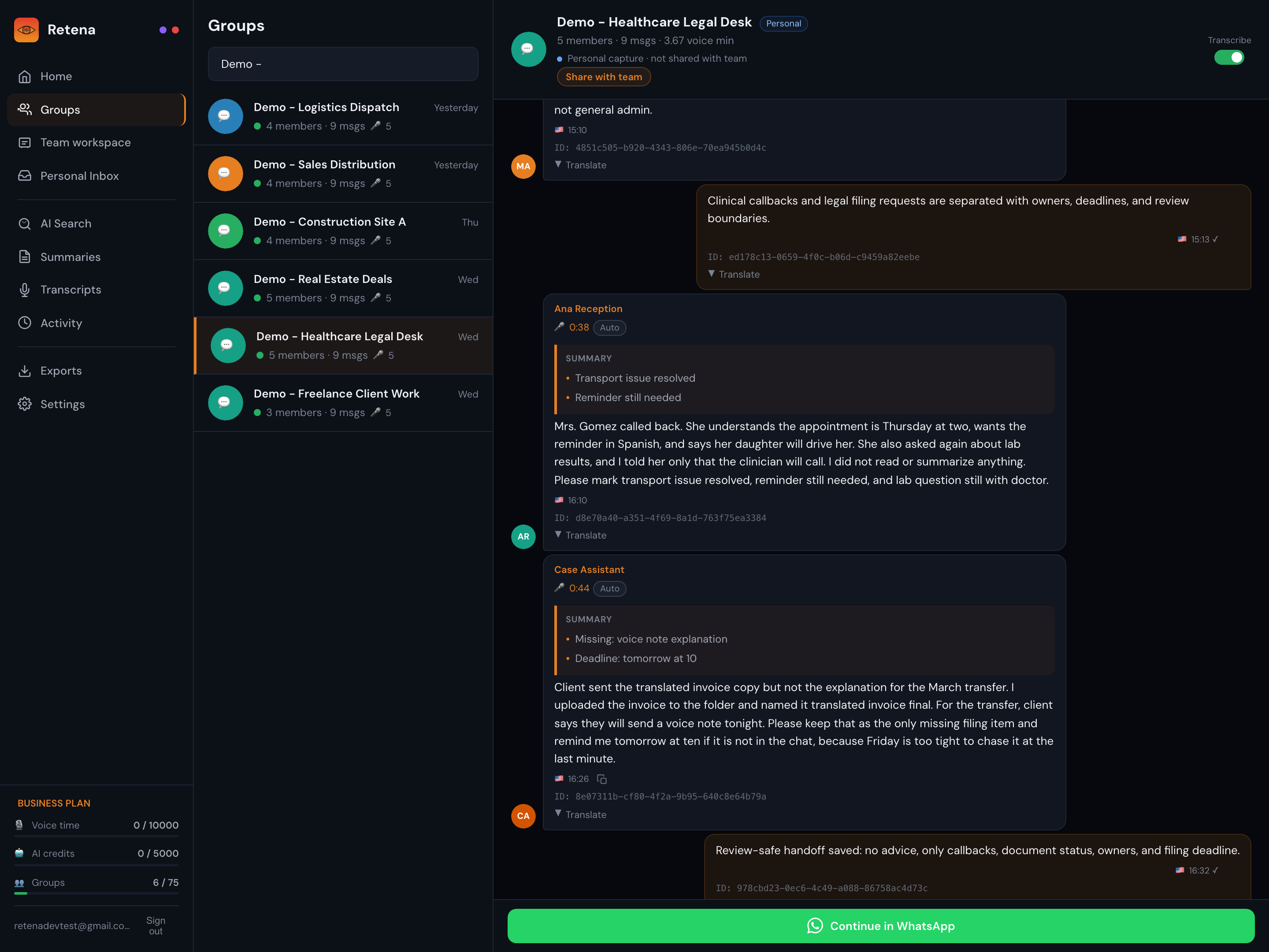 Retena mock screenshot for Healthcare & Legal