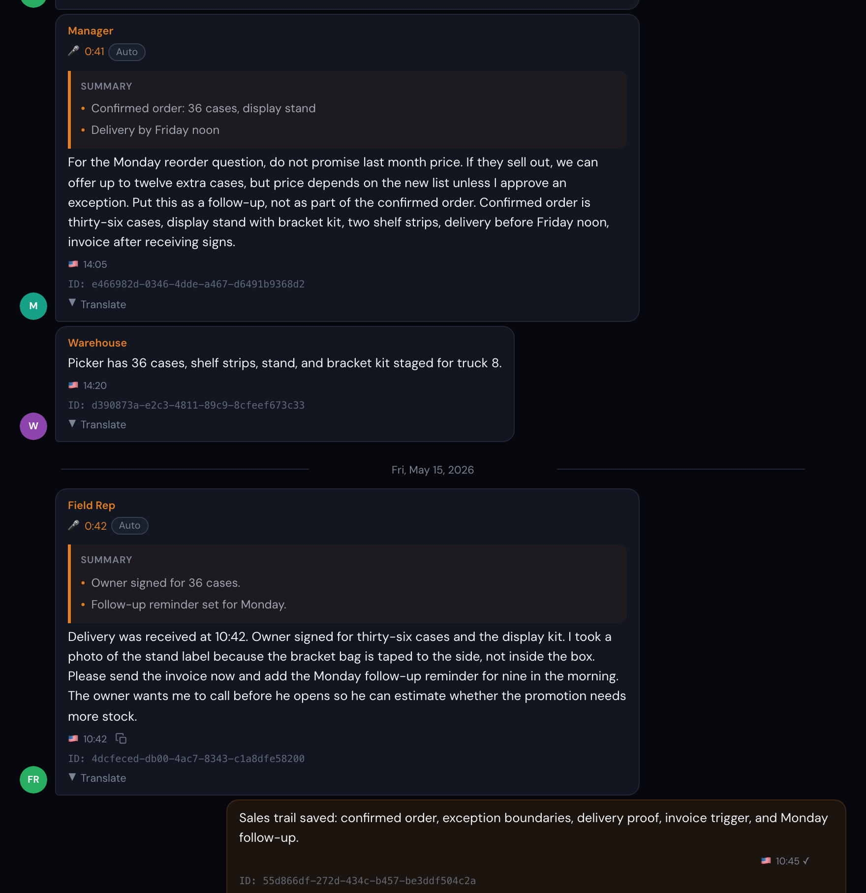 Full chat evidence crop for Sales & Distribution